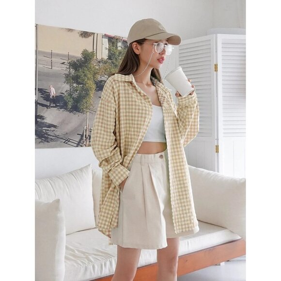 NWT DAZY Gingham Drop Shoulder Button Up‎ Blouse Size L Color Khaki - Picture 5 of 7